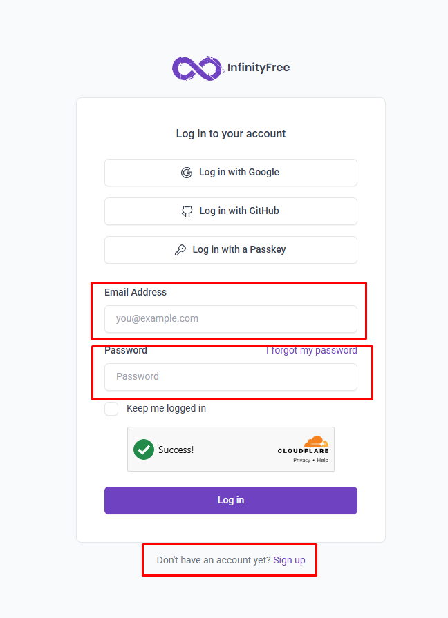 InfinityFree Login পেজ