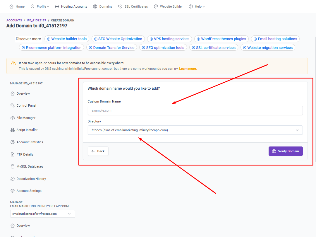InfinityFree ডোমেইন ইনপুট এবং ডিরেক্টরি সিলেক্ট