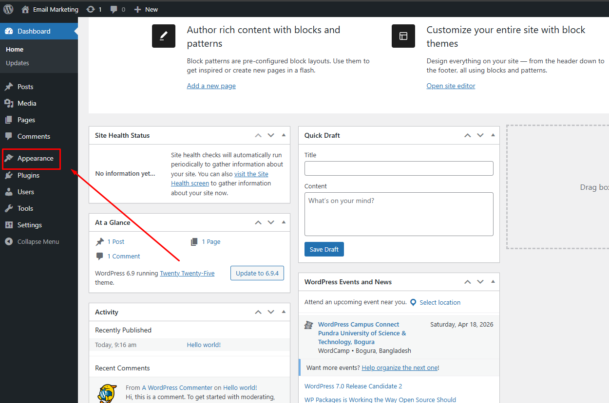 WordPress Appearance পেজ