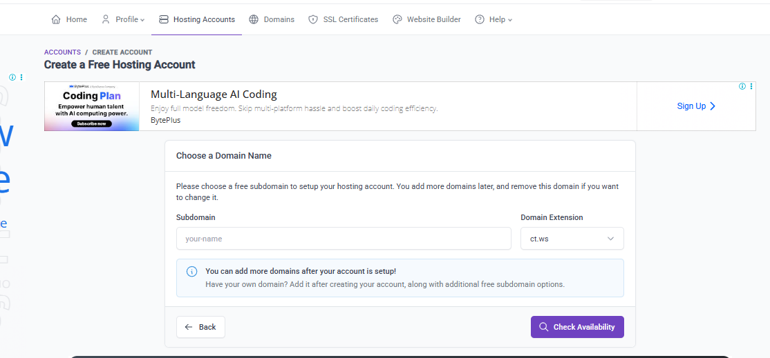 InfinityFree সাবডোমেইন সিলেক্ট পেজ