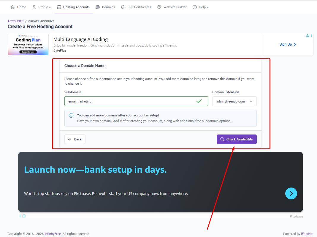InfinityFree ডোমেইন এভেইলেবিলিটি চেক
