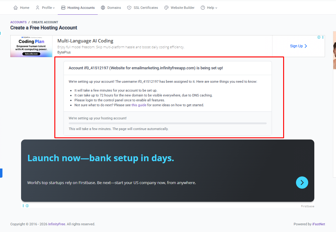 InfinityFree অ্যাকাউন্ট তৈরি হচ্ছে