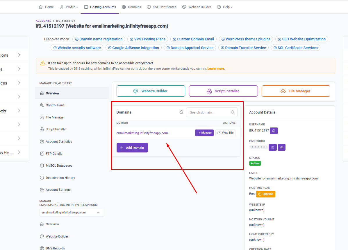 InfinityFree ডোমেইন সফলভাবে তৈরি হয়েছে