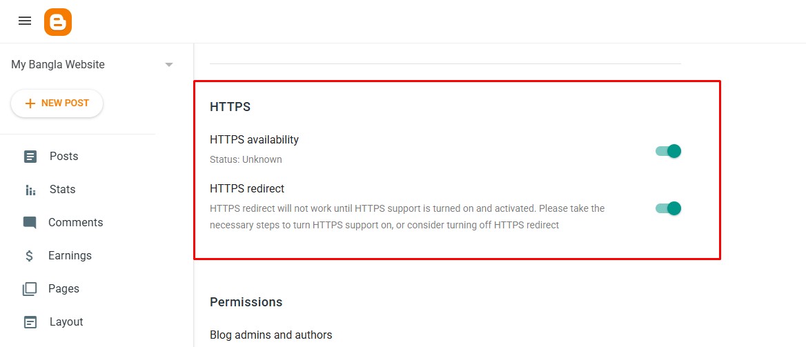 Blogger HTTPS Settings