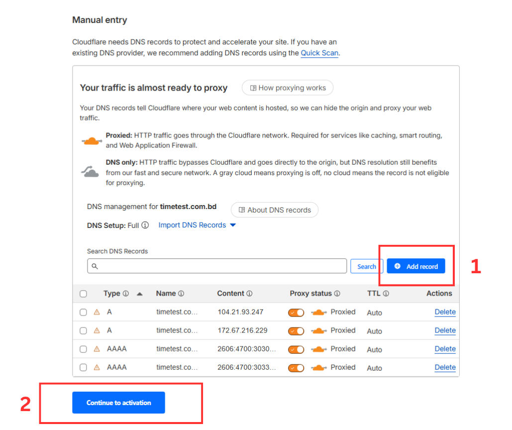Cloudflare DNS Record পেজ