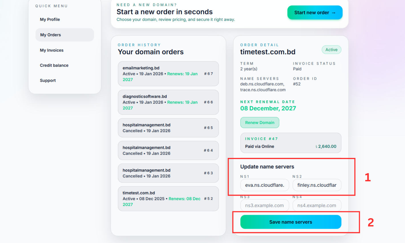 Domain Provider Nameserver পেজ